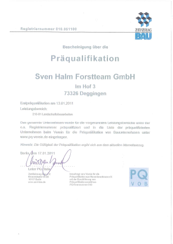 Zertifikat Präqualifikation für öffentliche Ausschreibungen